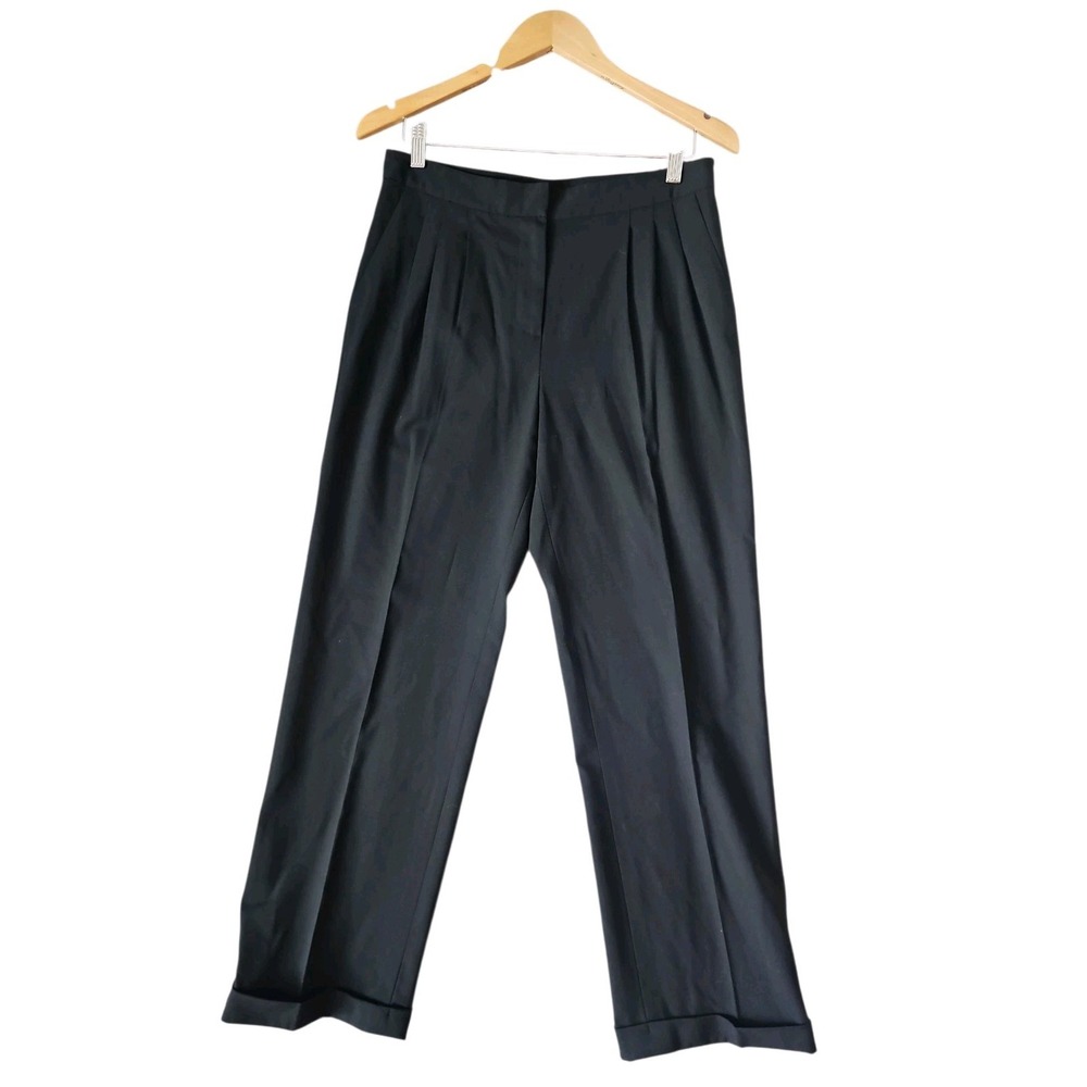 ST JOHN Collection Black Wool Blend Pleat Front Cuffed Hem Trouse Pant Size 8
